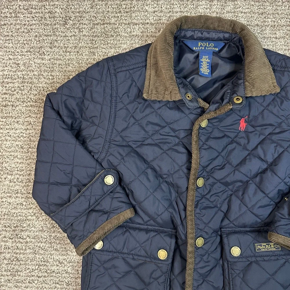 Polo Ralph Lauren Kids Navy Blue Quilted Barn Jacket Corduroy Trim 3/3T